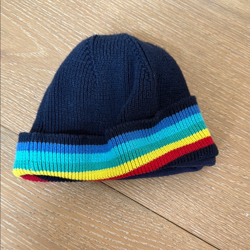 Primary Navy Beanie with Rainbow Stripes